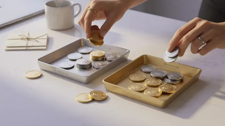 Gold and silver coins arranged for IRA transfer comparison